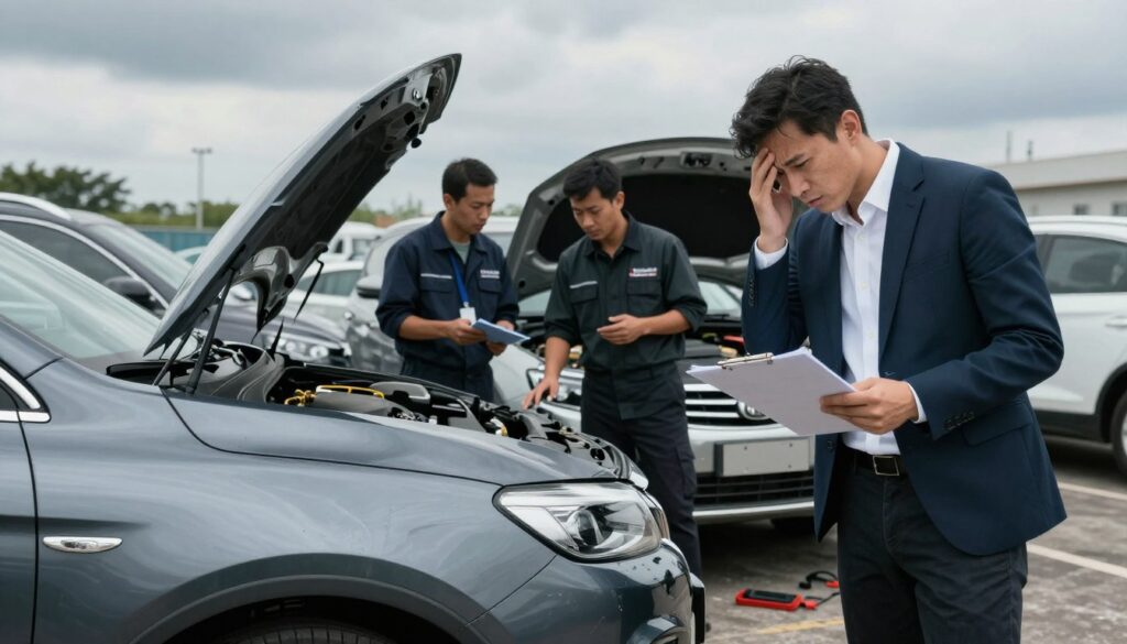 A detailed scene depicting the inconveniences of imported cars, focusing on several models parked in a car inspection area. In the foreground, a frustrated car buyer, dressed in smart casual attire, examines an imported car with visible dents and scratches, holding a clipboard. In the middle ground, two mechanics wearing uniforms with the "Blackline Select Cars" logo are discussing issues with a third car, showcasing an open hood and various tools scattered around. The background features a cloudy sky, adding a somber mood to the setting. The lighting is overcast, casting soft shadows, while the camera angle captures the scene from slightly above, emphasizing the buyer's concerns. The overall atmosphere conveys tension and caution in the process of buying imported vehicles.