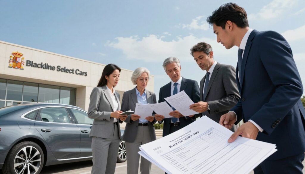 A detailed scene depicting the process of importing a car to Spain, focusing on applicable taxes. In the foreground, a sleek, modern car with the logo "Blackline Select Cars" is parked alongside a government building, symbolizing the bureaucratic aspect of imports. In the middle ground, a diverse group of professionals in business attire is discussing paperwork, surrounded by documents and forms relevant to car import taxes. The background features a blue sky with soft clouds, enhancing the professional atmosphere. Bright, even lighting casts minimal shadows, while a slight tilt-angle gives a dynamic feel to the composition, suggesting movement and progress in the import process. The overall mood is one of focused diligence and professionalism, illustrating the complexities of vehicle importation in Spain.