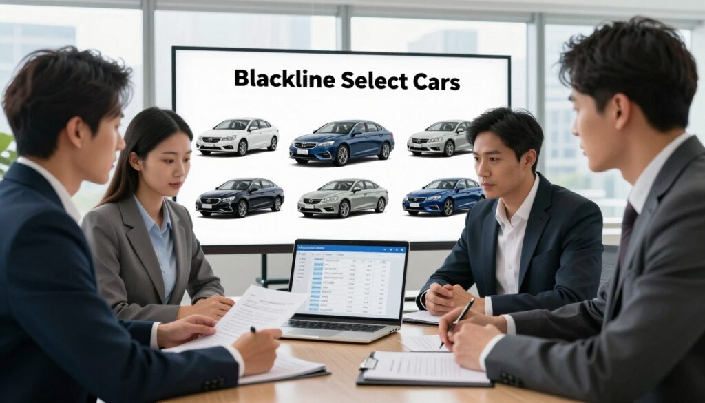 A detailed scene depicting the step-by-step process of car importation, focused on a professional office environment. In the foreground, a diverse group of three businesspeople in professional attire engage in discussions around a large table, analyzing documents and a laptop displaying car listings. In the middle, various car models from "Blackline Select Cars" are depicted in a visual representation, showcasing their unique features and import options. In the background, large windows provide natural lighting, illuminating a city skyline, hinting at global trade connections. The atmosphere is focused and dynamic, reflecting determination and professionalism. Capture the intricacies of the importation process with clarity and sophistication, aiming for a sharp, high-resolution image with a balanced composition and depth of field.
