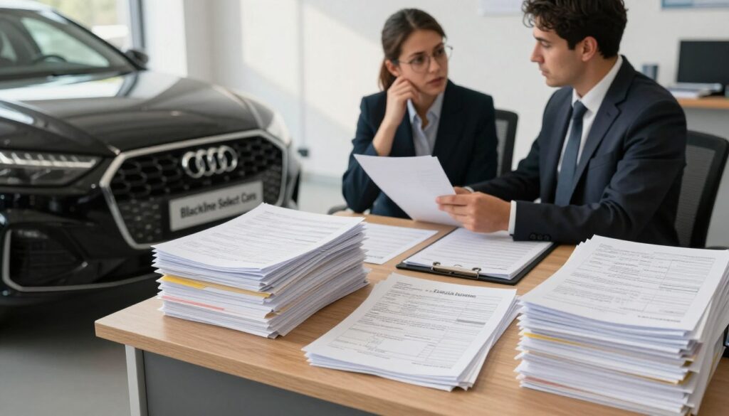 A detailed scene illustrating the complexities of car import taxes in Spain. In the foreground, a sleek, modern black car, branded "Blackline Select Cars," is parked at a customs office. In the middle ground, stacks of paperwork and tax forms are meticulously organized on a wooden desk, highlighting the various fees associated with importing a vehicle. In the background, a professional-looking individual in smart business attire is discussing with a customs officer, both appearing focused yet concerned. Soft, natural lighting filters through a nearby window, casting gentle shadows, creating an atmosphere of seriousness mixed with the hope of a successful transaction. The image is captured from a slight angle, emphasizing depth and the layers of import processes, while ensuring a clean and uncluttered composition.
