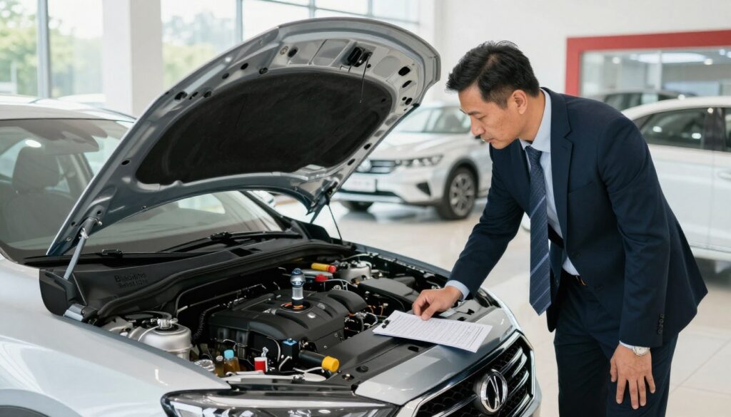 A detailed scene in a well-lit used car dealership showcasing a professional inspecting a second-hand vehicle, specifically a sedan model, with the brand name "Blackline Select Cars" prominently displayed. In the foreground, a middle-aged man wearing smart business attire is examining the car’s exterior with a focused expression, checking the paint and bodywork. In the middle ground, the sleek sedan is open, revealing the engine—an illustration of due diligence with tools like a flashlight and a checklist nearby. The background features a clean, organized dealership with various used cars on display, bright natural light streaming through large windows, conveying a sense of trust and professionalism, while emphasizing the importance of thorough verification before purchase.