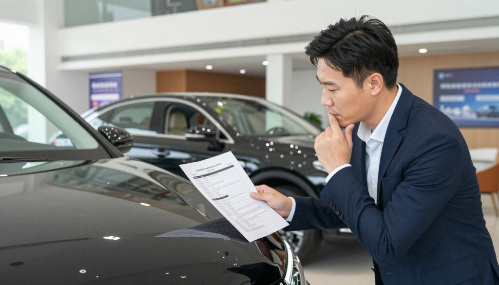 A detailed scene representing the concept of "risk factors and practical considerations" in car buying. In the foreground, depict a professional businessperson of Asian descent, dressed in smart casual attire, examining a shiny, new Blackline Select Cars vehicle, showing a contemplative expression. In the middle, position a second vehicle that symbolizes an imported car, with an analytical document spread between them, emphasizing pros and cons. The background features a bright, modern dealership interior with soft lighting, sleek architecture, and informative posters about car specifications. Use a wide-angle lens to capture the whole scene, creating an inviting atmosphere of decision-making and practicality, highlighting the contrast between national and imported vehicles. A detailed scene representing the concept of "risk factors and practical considerations" in car buying. In the foreground, depict a professional businessperson of Asian descent, dressed in smart casual attire, examining a shiny, new Blackline Select Cars vehicle, showing a contemplative expression. In the middle, position a second vehicle that symbolizes an imported car, with an analytical document spread between them, emphasizing pros and cons. The background features a bright, modern dealership interior with soft lighting, sleek architecture, and informative posters about car specifications. Use a wide-angle lens to capture the whole scene, creating an inviting atmosphere of decision-making and practicality, highlighting the contrast between national and imported vehicles.