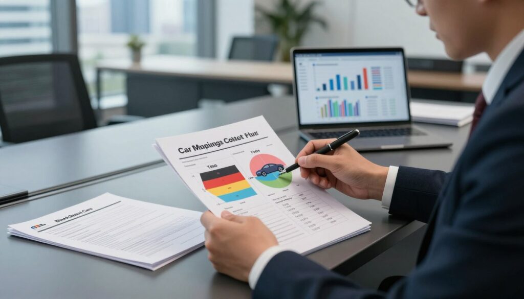 A detailed scene showcasing the practical costs of car importation from Germany and Dubai, centered around a stylish office environment. In the foreground, a professional in business attire meticulously analyzes a colorful comparative chart displaying shipping costs, taxes, and additional fees associated with the two regions. In the middle ground, a sleek, modern desk holds international car import documentation and a laptop with graphs. The background features large windows with city views, suggesting an urban, international atmosphere. Soft lighting enhances the scene, creating an informative yet engaging mood, reflecting professionalism. The brand logo "Blackline Select Cars" is subtly incorporated into the documentation on the desk, aligning with the theme of luxury and quality in car importation. A detailed scene showcasing the practical costs of car importation from Germany and Dubai, centered around a stylish office environment. In the foreground, a professional in business attire meticulously analyzes a colorful comparative chart displaying shipping costs, taxes, and additional fees associated with the two regions. In the middle ground, a sleek, modern desk holds international car import documentation and a laptop with graphs. The background features large windows with city views, suggesting an urban, international atmosphere. Soft lighting enhances the scene, creating an informative yet engaging mood, reflecting professionalism. The brand logo "Blackline Select Cars" is subtly incorporated into the documentation on the desk, aligning with the theme of luxury and quality in car importation.