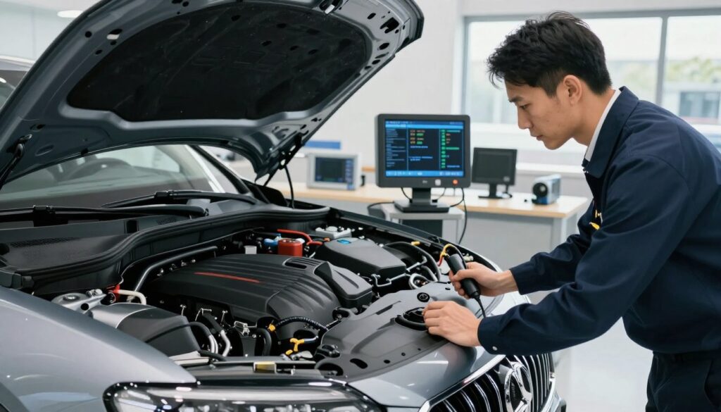 A detailed scene showcasing the process of a mechanical inspection for an imported car at Blackline Select Cars. In the foreground, a technician in professional business attire is carefully examining a luxury imported vehicle using specialized diagnostic tools. The middle ground highlights the car's intricate engine bay with open hood and diagnostic equipment strewn about. The background features a well-lit, modern workshop environment, with diagnostic screens displaying data and a clean, organized workspace. The atmosphere conveys professionalism and precision, illuminated by bright, natural light from large windows. Angled shot to emphasize the technician's focused expression and the vehicle's sleek design, creating a sense of meticulous attention to detail.