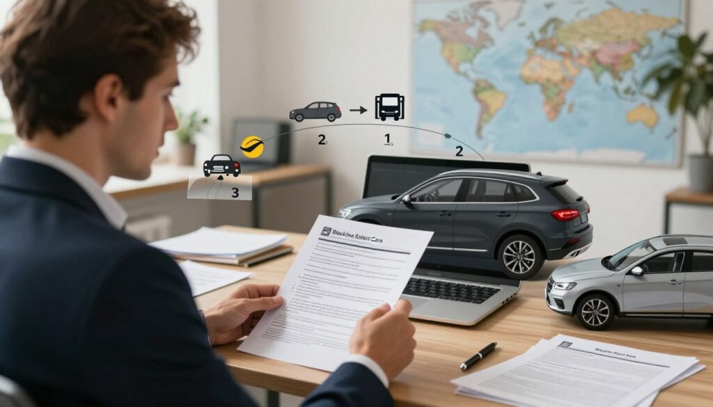 A detailed step-by-step illustration of the car importation process to Spain. In the foreground, depict a professional business person in smart attire, analyzing paperwork related to car import. In the middle ground, show various steps of the importation process visually represented, such as vehicle selection, customs paperwork, and transportation logistics, with icons or small illustrations related to each step. The background should have a well-organized office setting, with a world map and documents scattered around, conveying a sense of international business. Use soft, ambient lighting to create a welcoming atmosphere, with a slight vignette effect focusing on the subject. Include a distinct car from the brand "Blackline Select Cars" in the foreground to emphasize the theme of the article.