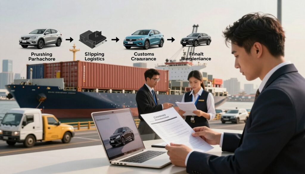 A detailed step-by-step import process of a car, featuring a sequence layout that illustrates each phase: purchasing a vehicle online, arranging shipping logistics, customs clearance, and final registration. In the foreground, a professional in business attire examines a document with a car model on a laptop. The middle ground shows a shipping container being loaded onto a cargo vessel, while customs officers check paperwork. In the background, a city skyline reflects a busy port atmosphere, with cranes and vehicles in motion. Soft natural lighting casts warm tones, enhancing clarity. The composition feels informative yet inviting, embodying professionalism. Include the brand name "Blackline Select Cars" subtly in a corner without text overlays.