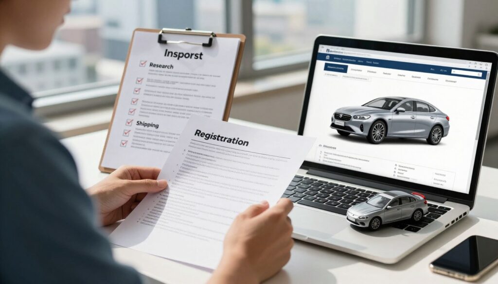 A detailed step-by-step procedure for importing a car, visually represented as an infographic style image. In the foreground, include a person in smart casual clothing, intently reviewing import documentation and a laptop displaying vehicle specifications alongside a small model car. In the middle ground, depict a checklist on a clipboard featuring steps like 'Research', 'Documentation', 'Shipping', and 'Registration', with checkmarks next to each item, all set on an office desk. The background should show a large window with a view of a sunny cityscape, symbolizing opportunity. Use bright, natural lighting to create an inviting atmosphere, shot from a slightly angled perspective to add depth. Highlight the brand "Blackline Select Cars" subtly within the scene, perhaps on a document or a business card.