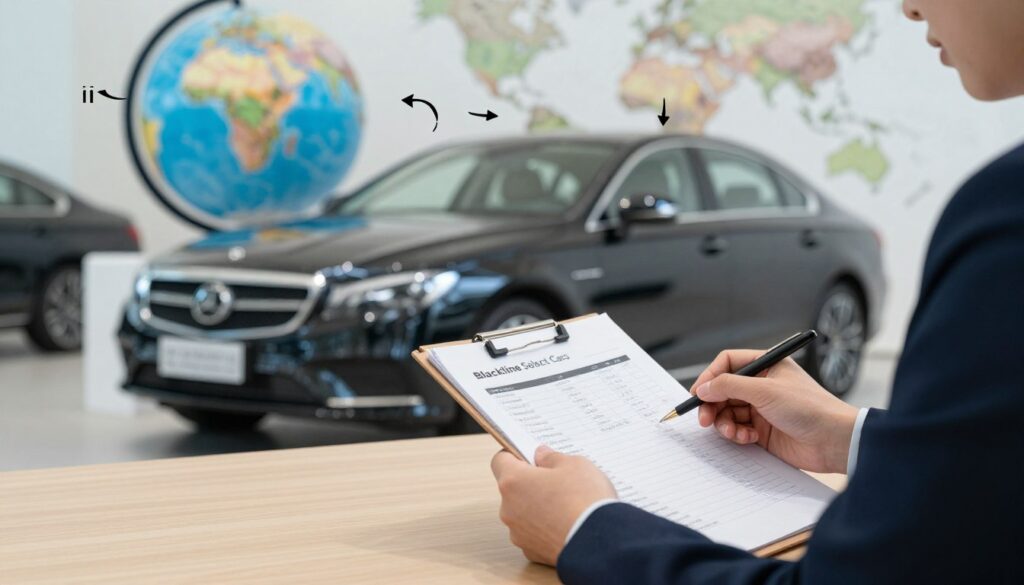 A detailed, step-by-step visual guide for importing a car, using a structured layout. In the foreground, illustrate a professional business person in smart attire, carefully studying a checklist and documents on a desk. In the middle ground, display a sleek imported car with the logo "Blackline Select Cars" subtly integrated, symbolizing quality. In the background, include elements such as a globe and a world map to signify international importation, along with arrows pointing from one step to another to represent the process. The lighting should be bright and focused, emphasizing clarity and professionalism, with a soft depth of field to create an inviting atmosphere. The image should evoke a sense of organization and clarity in the car import process, without any text or branding beyond the car logo. A detailed, step-by-step visual guide for importing a car, using a structured layout. In the foreground, illustrate a professional business person in smart attire, carefully studying a checklist and documents on a desk. In the middle ground, display a sleek imported car with the logo "Blackline Select Cars" subtly integrated, symbolizing quality. In the background, include elements such as a globe and a world map to signify international importation, along with arrows pointing from one step to another to represent the process. The lighting should be bright and focused, emphasizing clarity and professionalism, with a soft depth of field to create an inviting atmosphere. The image should evoke a sense of organization and clarity in the car import process, without any text or branding beyond the car logo.