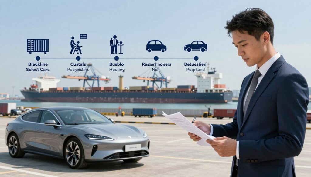 A detailed, step-by-step visualization of the car importation process featuring a sleek, modern car from "Blackline Select Cars" at the forefront. In the foreground, a confident business professional in smart attire examines a car's paperwork, emphasizing organization and efficiency. The middle ground displays a stylized flowchart with key steps in the import process, illustrated with icons like shipping containers, customs inspections, and car dealerships. In the background, a bustling port scene captures shipping vessels and cranes under a clear blue sky, conveying a sense of international trade. Soft, natural lighting enhances the professional atmosphere, while the overall mood conveys precision and clarity. The composition should be balanced, focusing on the importance of each step in the importation journey.