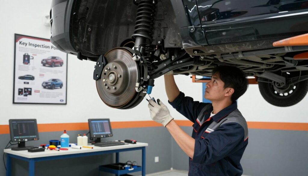 A detailed vehicle inspection scene showcasing key inspection points for a car. In the foreground, a well-dressed mechanic, wearing a professional uniform, examines the undercarriage and suspension of a car, with a focused expression. The middle ground features a modern garage environment with tools, diagnostic equipment, and a clean workbench, all under bright, even lighting. In the background, a poster detailing the "Key Inspection Points" hangs on the wall, emphasizing the technical elements without cluttering the image. Capture the intricate details of the vehicle's components being inspected, like brake discs, fluid levels, and tire conditions. Create an informative and professional atmosphere, suitable for an automotive article, emphasizing trust and expertise. The brand "Blackline Select Cars" subtly integrated into the garage setting.