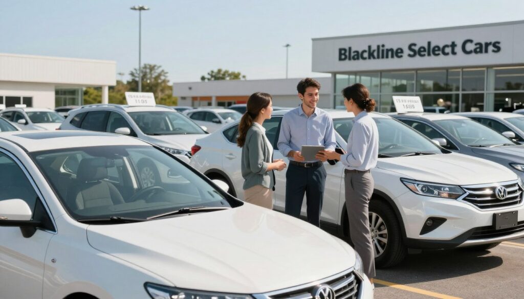 A detailed view of a used car dealership featuring a variety of second-hand cars, prominently displaying the brand "Blackline Select Cars." In the foreground, showcase a well-maintained sedan and an SUV with price tags clearly visible, suggesting affordability. In the middle ground, a professional-looking salesperson in a smart casual outfit engages with a couple examining a vehicle, indicating a personal touch in the buying process. The background includes an organized lot with additional cars on display under clear blue skies, highlighting a bright and inviting atmosphere. Soft natural lighting enhances the scene, creating a welcoming environment for potential buyers. The overall mood should be optimistic and friendly, emulating a successful car shopping experience.