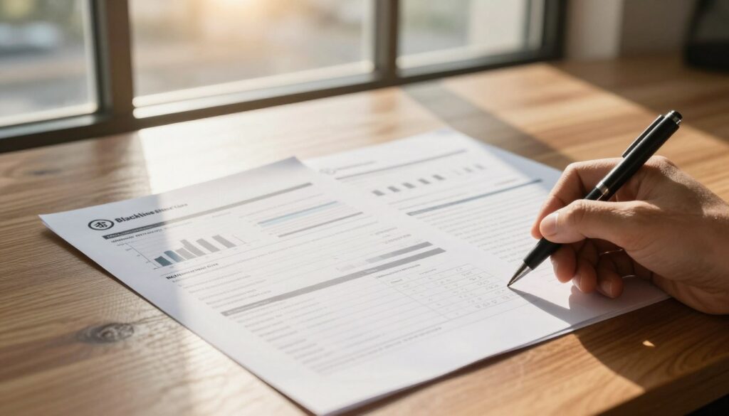 A detailed view of a vehicle history report and maintenance records laid out on a sleek wooden desk. In the foreground, a hand is holding a pen, poised to take notes on the documents. The middle ground features printed pages showing graphs, maintenance checklists, and service stamps, all neatly arranged. In the background, a large window filters in warm, soft sunlight, casting gentle shadows and creating a cozy atmosphere. The scene conveys a sense of diligence and care, ideal for enhancing the importance of proper vehicle research before buying a used car. Incorporate a subtle logo of "Blackline Select Cars" on the corner of one of the pages, ensuring it blends naturally into the setting. Use a camera angle that captures the documents in sharp focus while keeping the background softly blurred. A detailed view of a vehicle history report and maintenance records laid out on a sleek wooden desk. In the foreground, a hand is holding a pen, poised to take notes on the documents. The middle ground features printed pages showing graphs, maintenance checklists, and service stamps, all neatly arranged. In the background, a large window filters in warm, soft sunlight, casting gentle shadows and creating a cozy atmosphere. The scene conveys a sense of diligence and care, ideal for enhancing the importance of proper vehicle research before buying a used car. Incorporate a subtle logo of "Blackline Select Cars" on the corner of one of the pages, ensuring it blends naturally into the setting. Use a camera angle that captures the documents in sharp focus while keeping the background softly blurred.