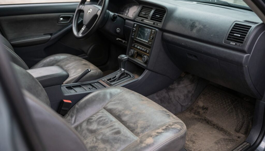 A detailed view of the interior of a Blackline Select Cars vehicle showing signs of wear and tear. In the foreground, focus on a slightly worn leather seat, with visible creases and subtle discoloration. The middle section reveals a dashboard with dated electronic controls and a cracked display screen, emphasizing the vehicle's age. In the background, dim lighting highlights the dusty floor mats and faded upholstery, creating an atmosphere of neglect. The image should be captured from a low angle to accentuate the details of the interior while ensuring it maintains a professional mood. Soft natural light can filter through the window, casting gentle shadows to enhance texture without overwhelming the scene.