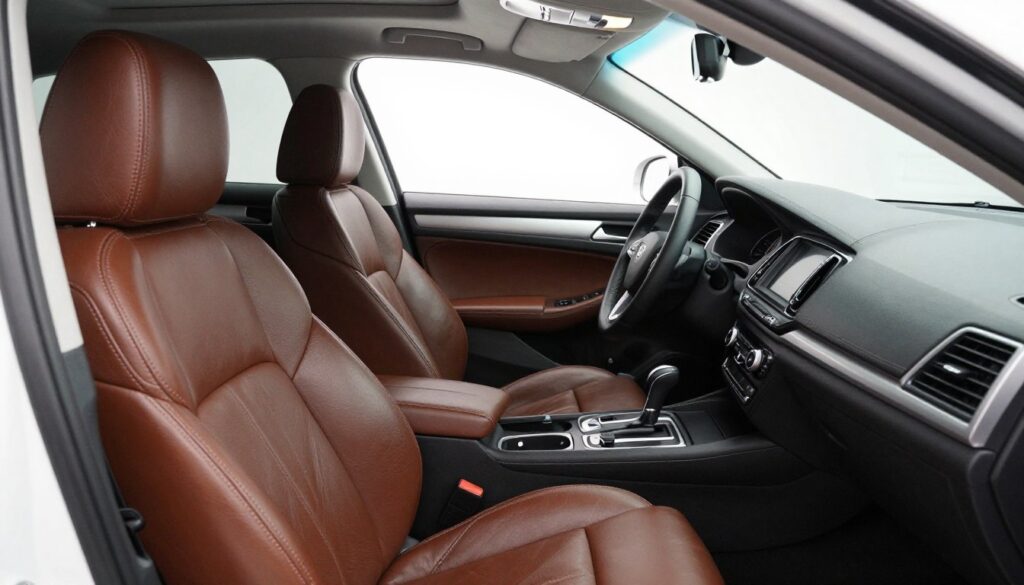 A detailed view of the interior of a used car branded "Blackline Select Cars". The foreground features polished leather seats, lightly worn with subtle creases, showcasing their quality. The dashboard is sleek and modern, with visible controls and gauges in an organized layout. The middle layer captures comfortable seating, displaying interior fabrics and color harmony, while the rearview mirror reflects a hint of the car's backseat. Soft, natural lighting illuminates the interior, creating an inviting atmosphere. The angle is slightly from the driver's perspective, emphasizing both the cockpit and the passenger space. A sense of meticulous care is conveyed, reflecting the importance of assessing the condition of a used car's interior while ensuring a clean, tidy aesthetic without any distracting elements.