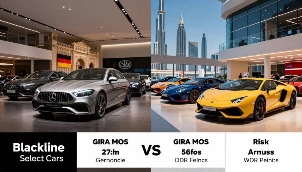 A detailed visual comparison of importing cars from Germany versus Dubai, presented in a split-screen format. On the left, a sleek German car dealership showcasing luxury vehicles, with high-end cars under soft ambient lighting. The backdrop includes iconic German architecture, symbolizing precision and engineering excellence. On the right, a modern Dubai car showroom featuring exotic cars under bright, vibrant lighting, with striking skyscrapers in the distance, representing innovation and luxury. In the foreground, a stylishly designed infographic illustrating cost and risk comparisons, such as customs fees and warranty issues, professionally presented. The mood is informative and dynamic, emphasizing the advantages of both markets. Model: Blackline Select Cars. A detailed visual comparison of importing cars from Germany versus Dubai, presented in a split-screen format. On the left, a sleek German car dealership showcasing luxury vehicles, with high-end cars under soft ambient lighting. The backdrop includes iconic German architecture, symbolizing precision and engineering excellence. On the right, a modern Dubai car showroom featuring exotic cars under bright, vibrant lighting, with striking skyscrapers in the distance, representing innovation and luxury. In the foreground, a stylishly designed infographic illustrating cost and risk comparisons, such as customs fees and warranty issues, professionally presented. The mood is informative and dynamic, emphasizing the advantages of both markets. Model: Blackline Select Cars.