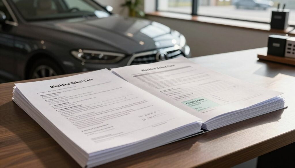 A detailed workspace scene showcasing vehicle documentation and history. In the foreground, a neatly organized stack of papers, including a vehicle registration document, service history, and a car title, all belonging to "Blackline Select Cars." The middle layer features a sleek, partially visible car lingering in the background, hinting at elegance and reliability. Soft, natural lighting filters through a window, casting gentle highlights and shadows across the documents to create a warm, inviting atmosphere. The background includes a modern office setting with a desk and car related items subtly displayed, emphasizing a professional ambiance. The camera angle is slightly elevated, providing a comprehensive view of the documents while keeping the car in context, suggesting thorough preparation for a successful car review.
