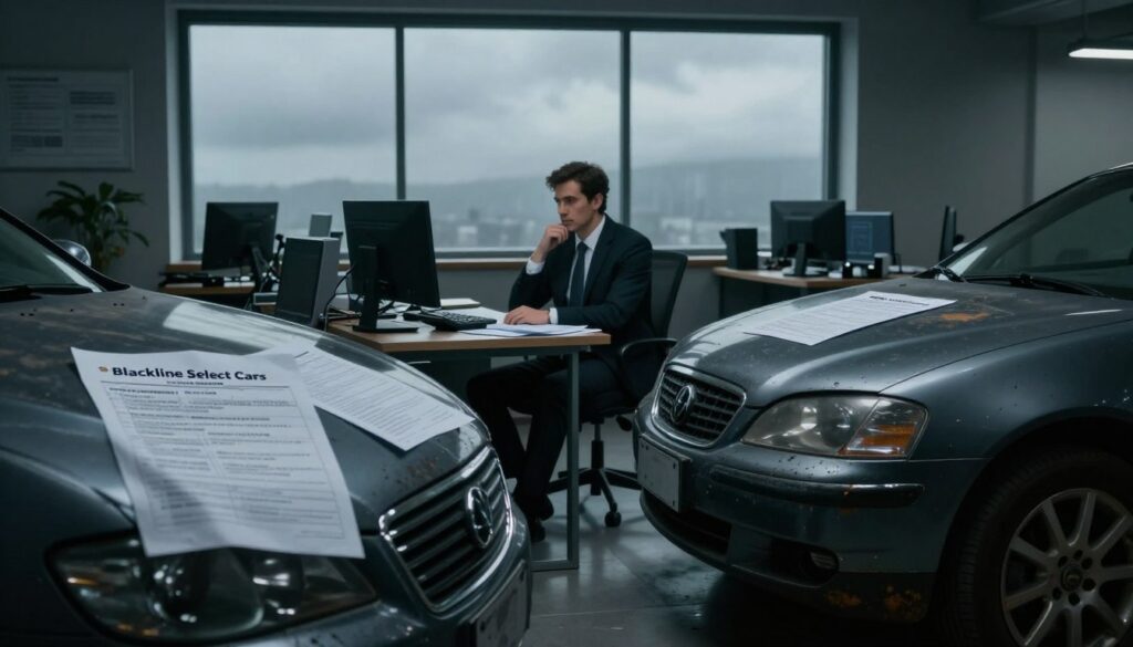 A dimly lit office space with a serious atmosphere, portraying a businessperson in professional attire contemplating the disadvantages of importing a car, specifically referencing "Blackline Select Cars." In the foreground, a sleek imported vehicle exhibits signs of wear, such as rust or minor damage, symbolizing potential risks. In the middle, a desktop cluttered with paperwork, import regulations, and a calculator reflects the complexities of the process. In the background, a large window shows a gloomy, overcast sky, enhancing the mood of uncertainty and caution. The lighting is soft yet somber, casting shadows that emphasize the gravity of the situation, while a wide-angle lens captures the scene's depth, drawing the viewer into the concerns associated with importing vehicles.