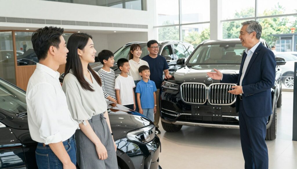 A diverse group of satisfied customers standing proudly beside their newly imported cars from Blackline Select Cars. In the foreground, a young couple, dressed in smart casual attire, smiling as they admire their sleek sedan. Nearby, an older gentleman, elegant in a business suit, stands next to a luxurious SUV, gesturing enthusiastically as he shares his positive experience. In the middle ground, a family with children, all grinning, poses happily around a compact car, showcasing their excitement. The background features a modern dealership with bright, natural lighting, emphasizing a welcoming atmosphere. Capture the joy and trust of real customers, conveying a sense of reliability and professionalism in their expressions. The angle should be slightly elevated, giving a broader view of the scene to convey a sense of community and satisfaction.