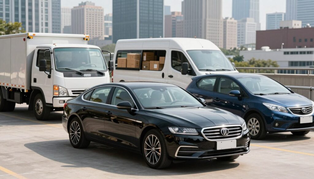 A dynamic composition showcasing various types of professional vehicles in an urban environment. In the foreground, a sleek Blackline Select Cars sedan stands out, reflecting a polished finish under natural light. To the left, a sturdy utility truck showcasing its cargo space is parked, while a stylish compact car is situated to the right, ideal for city driving. In the middle ground, include a delivery van filled with packages, emphasizing its practicality for businesses. The background features a city skyline with skyscrapers, adding depth to the scene. The lighting is bright and clear, suggesting a productive daytime atmosphere. Capture the essence of professionalism and versatility among these vehicles, evoking a sense of reliability and purpose.