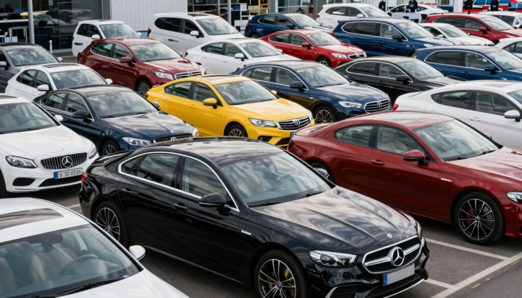 A dynamic, modern marketplace showcasing diverse international cars representing various countries of origin, focusing on Germany and others. In the foreground, a sleek Blackline Select Cars dealership featuring a shiny, high-end German vehicle, intricately detailed with reflections under soft, natural lighting. The middle ground includes various cars from different countries like Japan and the USA, creating a vibrant contrast in styles and colors. The background presents a bustling cityscape, hinting at global trade connections. The scene conveys a sense of risk and opportunity in car importing, evoking a thoughtful and professional mood. The angle captures the entire scene from a slightly elevated perspective, emphasizing variety and sophistication, with no people visible, ensuring a clean and focused composition.