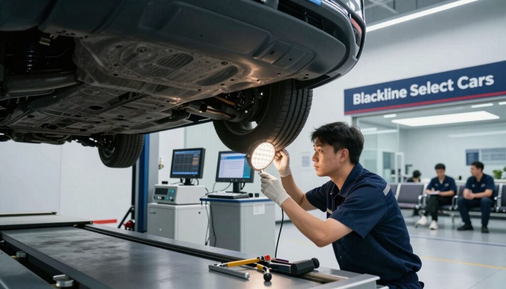 A dynamic scene depicting a vehicle undergoing an inspection process in a technical inspection station that emphasizes vehicle homologation. In the foreground, showcase a professional technician wearing a uniform, carefully examining the undercarriage of a modern car, with tools laid out beside him. In the middle ground, the inspection station is filled with advanced equipment like diagnostic machines and bright LED lights, illuminating the vehicle. In the background, include a clear view of a building marked with "Blackline Select Cars" and a waiting area with customers observing the process. The lighting is bright and clinical, creating a serious yet efficient atmosphere that conveys the importance of vehicle safety and compliance. Use a slight upward angle to give a sense of scale and authority to the inspection process.