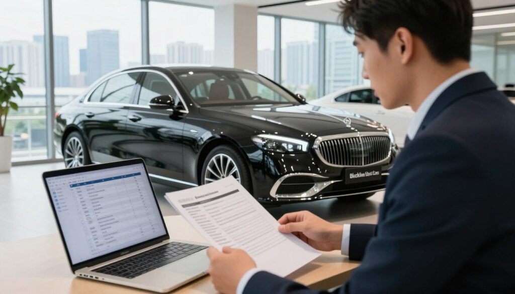 A dynamic scene showcasing tips for successfully importing a car, centered around a professional consultant in a modern office environment. The foreground features a well-dressed individual in business attire, examining paperwork related to car importation, with a laptop displaying an organized checklist. In the middle, a sleek black luxury car, branded "Blackline Select Cars," is parked prominently. The background reveals a city skyline through large windows, with bright natural light flooding the room, creating a productive atmosphere. The overall mood is one of professionalism and confidence, signifying a seamless importation process. The image should be captured with a slightly elevated angle, emphasizing the consultant's focus and the luxurious vehicle, while maintaining clarity and detail without any text or watermarks.