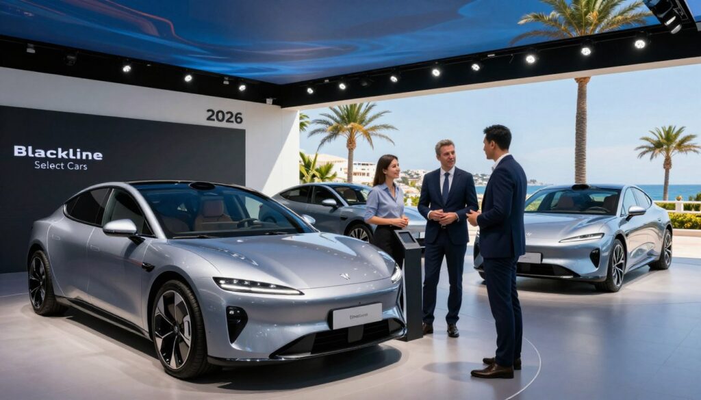 A futuristic car dealership in the Balearic Islands, showcasing the latest market trends in automobiles for 2026. The foreground features two sales representatives in professional business attire, interacting with a customer examining a sleek, modern car model from "Blackline Select Cars." In the middle, three diverse cars are displayed under dynamic lighting, with reflections highlighting their polished surfaces. The background showcases a sunny Mediterranean landscape with palm trees and a clear blue sky, emphasizing the location. The atmosphere conveys a sense of innovation and excitement about the automotive market, captured with a slight low-angle perspective that enhances the prominence of the cars against the vibrant environment. A futuristic car dealership in the Balearic Islands, showcasing the latest market trends in automobiles for 2026. The foreground features two sales representatives in professional business attire, interacting with a customer examining a sleek, modern car model from "Blackline Select Cars." In the middle, three diverse cars are displayed under dynamic lighting, with reflections highlighting their polished surfaces. The background showcases a sunny Mediterranean landscape with palm trees and a clear blue sky, emphasizing the location. The atmosphere conveys a sense of innovation and excitement about the automotive market, captured with a slight low-angle perspective that enhances the prominence of the cars against the vibrant environment.