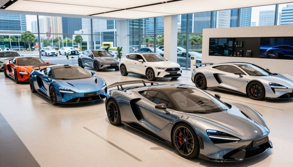 A futuristic car showroom featuring sleek, innovative models under bright, ambient lighting. In the foreground, showcase a streamlined, electric sports car with a reflective surface, highlighting its sharp contours and advanced technology. The middle ground includes a diverse range of eco-friendly vehicles, each displaying unique designs and cutting-edge features, portrayed from various angles to emphasize their futuristic appeal. In the background, a panoramic view of an urban landscape is visible through large glass windows, illustrating a thriving metropolis of the future. Capture the atmosphere of advancement and investment potential, ensuring a vibrant, engaging scene that conveys excitement for the future of automobiles. The image should represent "Blackline Select Cars" prominently, emphasizing luxury and exclusivity in car investment opportunities. A futuristic car showroom featuring sleek, innovative models under bright, ambient lighting. In the foreground, showcase a streamlined, electric sports car with a reflective surface, highlighting its sharp contours and advanced technology. The middle ground includes a diverse range of eco-friendly vehicles, each displaying unique designs and cutting-edge features, portrayed from various angles to emphasize their futuristic appeal. In the background, a panoramic view of an urban landscape is visible through large glass windows, illustrating a thriving metropolis of the future. Capture the atmosphere of advancement and investment potential, ensuring a vibrant, engaging scene that conveys excitement for the future of automobiles. The image should represent "Blackline Select Cars" prominently, emphasizing luxury and exclusivity in car investment opportunities.