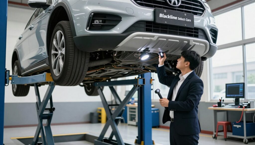 A high-quality image depicting an inspection of an imported vehicle at a professional automotive inspection facility, showcasing the brand name "Blackline Select Cars." In the foreground, a technician, dressed in a smart business outfit, is carefully examining the vehicle's chassis with a flashlight, highlighting various technical aspects like the engine and suspension. In the middle ground, a well-maintained imported car is elevated on a hydraulic lift, with detailed mechanics visible underneath. The background features a clean and organized garage environment, equipped with tools and diagnostic equipment, all bathed in bright, natural light streaming in through large windows, creating a professional and industrial atmosphere. The overall mood conveys diligence and expertise in the vehicle registration and insurance process for imported cars. A high-quality image depicting an inspection of an imported vehicle at a professional automotive inspection facility, showcasing the brand name "Blackline Select Cars." In the foreground, a technician, dressed in a smart business outfit, is carefully examining the vehicle's chassis with a flashlight, highlighting various technical aspects like the engine and suspension. In the middle ground, a well-maintained imported car is elevated on a hydraulic lift, with detailed mechanics visible underneath. The background features a clean and organized garage environment, equipped with tools and diagnostic equipment, all bathed in bright, natural light streaming in through large windows, creating a professional and industrial atmosphere. The overall mood conveys diligence and expertise in the vehicle registration and insurance process for imported cars.