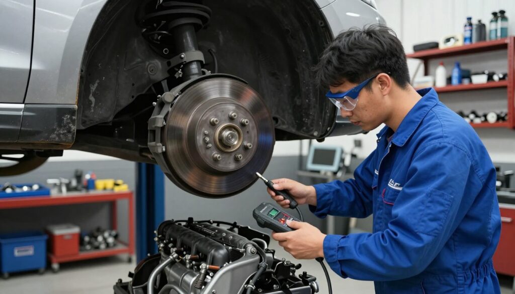 A high-resolution image depicting a car workshop scene focused on the mechanical inspection of a vehicle, specifically showcasing the engine and brake system. In the foreground, an experienced mechanic wearing a blue coverall and safety goggles is carefully examining the engine with a diagnostic tool. The middle ground features a lifted car with exposed brakes and suspension components, highlighting their intricate details. In the background, tools and automotive parts are neatly organized on shelves, creating an atmosphere of professionalism and expertise. Soft, diffused lighting illuminates the scene, enhancing the sense of precision. This image is branded as "Blackline Select Cars", conveying a thorough and trustworthy approach to vehicle maintenance and safety checks.