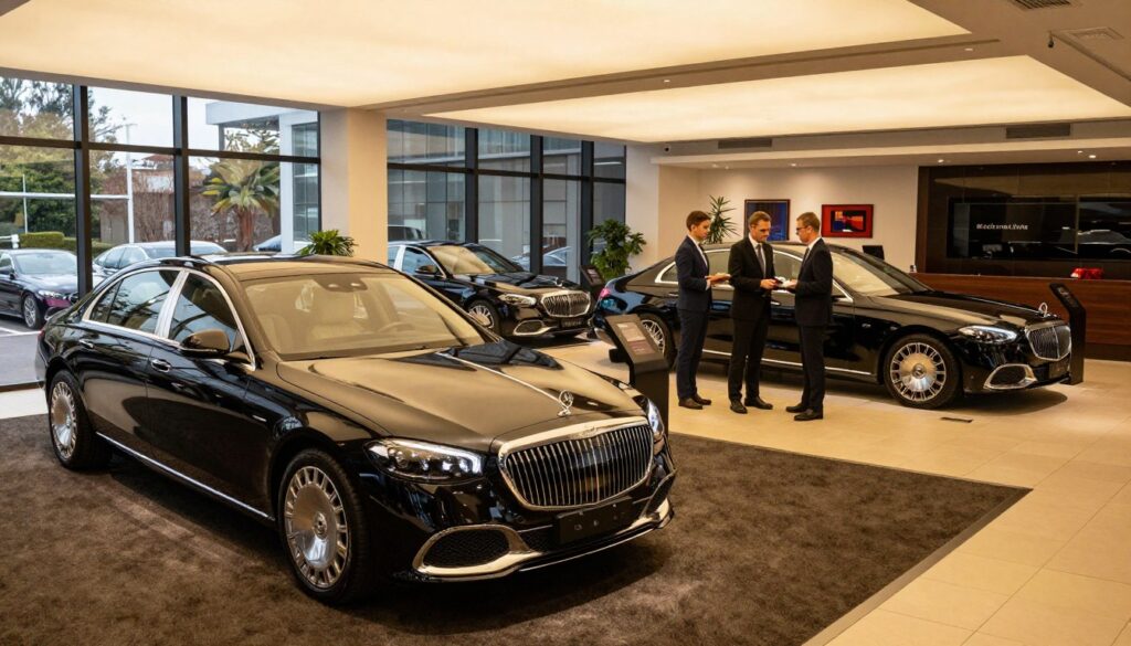 A luxurious automobile dealership interior illuminated with warm, inviting lighting. The foreground features a sleek, high-end pre-owned luxury car, such as a polished black Mercedes-Benz, showcased on a plush carpet. Crisp reflections can be seen in the glass windows. In the middle ground, elegant displays featuring premium quality cars from Blackline Select Cars create an upscale atmosphere. Professional staff members in smart business attire engage with clients, showcasing the outstanding customer service typical of luxury dealerships. The background showcases sophisticated artwork and modern decor, emphasizing exclusivity and comfort. The scene should evoke a sense of trust and prestige, inviting potential buyers to consider the benefits of purchasing a premium second-hand vehicle. The camera angle should be slightly elevated, capturing the entire slice of the dealership in an immersive and appealing way.
