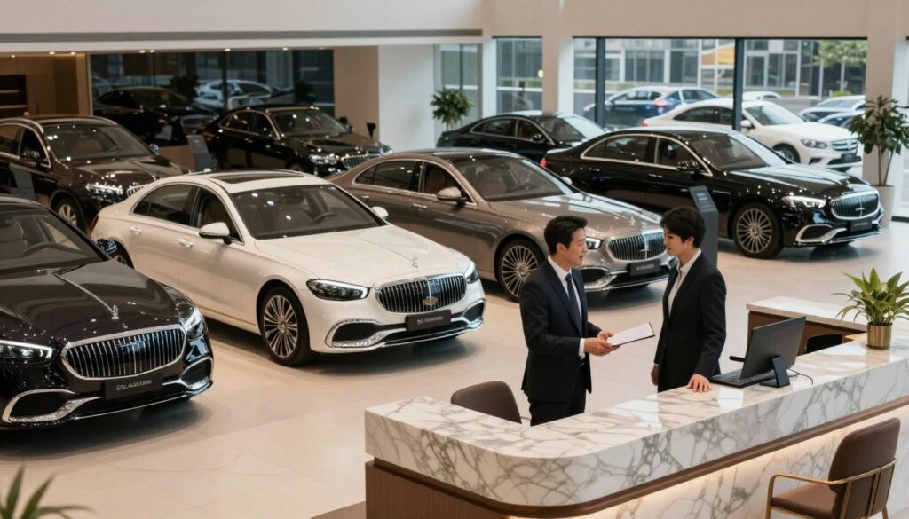 A luxurious car dealership interior showcasing high-end, premium used cars, particularly an array of sleek, modern vehicles from Blackline Select Cars. In the foreground, emphasis on a polished marble reception area with an elegant sales desk staffed by a professional in business attire, interacting with a sophisticated client discussing options. The middle ground reveals pristine vehicles illuminated by soft, warm lighting that highlights their features and finishes. In the background, large glass windows provide a view of an upscale urban landscape, enhancing the atmosphere of exclusivity. The scene conveys a sense of sophistication, trust, and quality, inviting potential customers to explore high-quality used luxury cars.