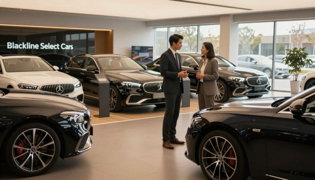 A luxurious car dealership interior showcasing high-end, semi-new premium cars from the brand "Blackline Select Cars". In the foreground, sleek silhouettes of top-tier vehicles glisten under soft, warm lighting, highlighting their polished finishes. In the middle, a well-dressed sales associate in a tailored suit interacts with a discerning customer, both engaged in a professional conversation about the vehicles. The background features elegantly designed displays of more premium cars with large windows allowing natural light to flood the space, enhancing the ambiance. The atmosphere is sophisticated and inviting, reflecting an exclusive shopping experience. The angle is slightly elevated, capturing a comprehensive view of the dealership's interior, showcasing its luxurious design and ambiance without any text or distractions.