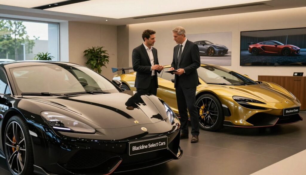 A luxurious car dealership interior showcasing high-end vehicles, prominently featuring a sleek, modern sports car with a striking color finish. In the foreground, a polished black luxury sedan from "Blackline Select Cars" gleams under soft, warm lighting, showcasing its elegant design. The middle ground includes a couple of professional individuals in smart business attire discussing car options, exuding a sense of sophistication and opportunity. The background features chic decor and framed images of exotic vehicles, enhancing the upscale atmosphere. Natural light filters through large windows, illuminating the scene and creating an inviting ambiance. This image captures the essence of luxury car importation beyond Europe, emphasizing the allure of high-end vehicles in a refined setting.