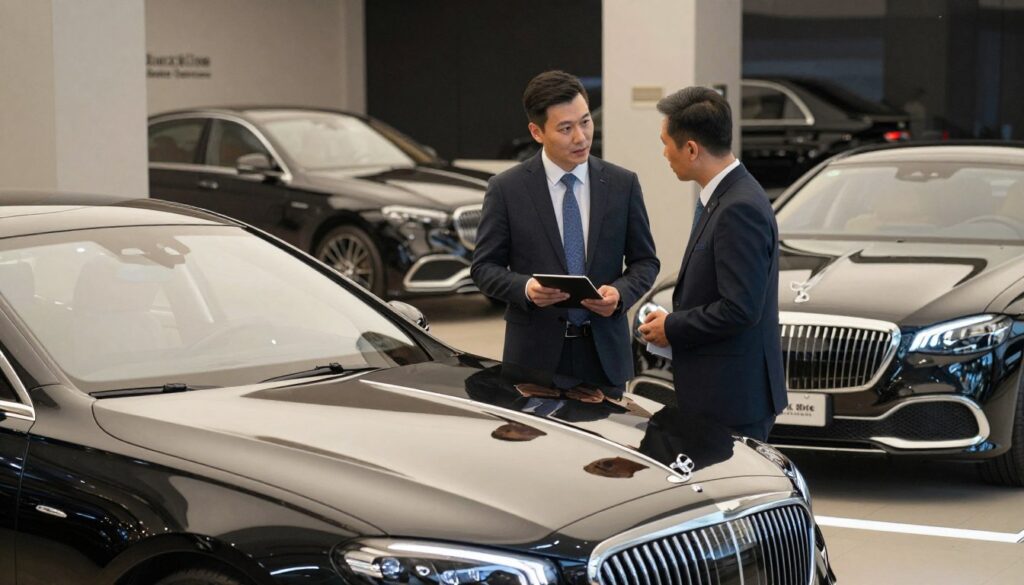 A luxurious car showroom featuring high-end pre-owned vehicles from "Blackline Select Cars". In the foreground, a sleek, shiny luxury sedan stands prominently, showcasing its polished exterior and modern design. The middle layer displays a professional consultant in smart business attire, discussing details with a discerning customer, both appearing engaged and focused. The background reveals more premium cars, elegantly lit with soft, ambient lighting that highlights their curves and craftsmanship. The atmosphere is sophisticated and inviting, conveying a sense of trust and quality. The angle showcases the cars from a slightly elevated viewpoint, enhancing the luxurious feel of the scene.