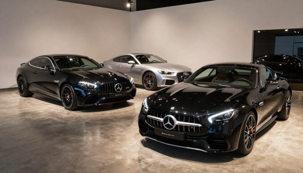 A luxurious car showroom showcasing a selection of premium used vehicles from prestigious brands, featuring models like Mercedes-Benz, BMW, Audi, and Porsche. In the foreground, a gleaming black Mercedes-Benz sports car is positioned elegantly, its polished surface reflecting soft ambient lighting. In the middle ground, two other high-end models are displayed under spotlights, showcasing their sleek designs and premium finishes. The background reveals a modern, minimalist car showroom setting with sleek white walls and polished concrete floors, enhancing the luxury feel. The atmosphere is inviting and sophisticated, with a warm light casting a professional glow. Highlight the brand "Blackline Select Cars" subtly within the scene while ensuring no text or logos are present. Focus on a wide-angle view capturing the essence of the luxury automotive market.