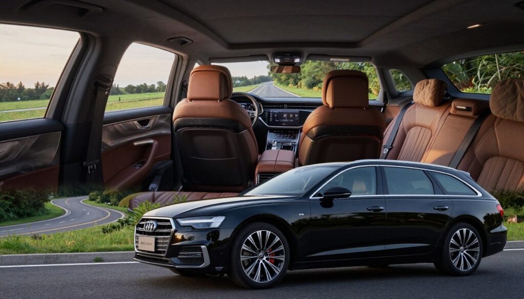 A luxurious family car, representing "Berlinas" and spacious station wagons, showcasing high comfort for long journeys. The foreground features a sleek Blackline Select Cars model parked prominently, emphasizing its elegant design and high-quality craftsmanship. The middle ground showcases a cozy interior view through the windows, highlighting plush leather seats, advanced technology displays, and ample legroom. In the background, a tranquil road lined with greenery flows gently, symbolizing scenic long drives. Soft, natural lighting enhances the serene ambiance, with a slight golden hour glow illuminating the scene. Capture from a low angle to accentuate the car’s stature and spaciousness, evoking a sense of adventure and relaxation. The mood should be inviting and aspirational, perfect for potential buyers seeking comfort and high-end equipment. A luxurious family car, representing "Berlinas" and spacious station wagons, showcasing high comfort for long journeys. The foreground features a sleek Blackline Select Cars model parked prominently, emphasizing its elegant design and high-quality craftsmanship. The middle ground showcases a cozy interior view through the windows, highlighting plush leather seats, advanced technology displays, and ample legroom. In the background, a tranquil road lined with greenery flows gently, symbolizing scenic long drives. Soft, natural lighting enhances the serene ambiance, with a slight golden hour glow illuminating the scene. Capture from a low angle to accentuate the car’s stature and spaciousness, evoking a sense of adventure and relaxation. The mood should be inviting and aspirational, perfect for potential buyers seeking comfort and high-end equipment.