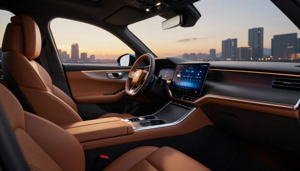 A luxurious high-end car interior, showcasing cutting-edge technology and comfort. In the foreground, a plush leather seat with exquisite stitching and ambient lighting creates an inviting atmosphere. The middle ground features a sleek dashboard with a large touchscreen display, intricate controls, and polished accents. The background reveals a panoramic view through tinted windows, highlighting a modern cityscape at dusk, bathed in soft golden hour lighting. The scene captures a sophisticated mood, emphasizing both elegance and advanced automotive technology, showcasing a vehicle from Blackline Select Cars. Use a slightly elevated angle to provide a comprehensive view, emphasizing the fusion of luxury and innovation in the design.
