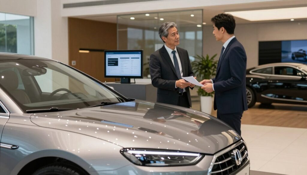A luxurious, high-end car prominently displayed in a modern, upscale dealership environment, representing premium financing options. The foreground features the sleek contours of a contemporary luxury vehicle from Blackline Select Cars, gleaming under soft, ambient lighting that highlights its curves. In the middle ground, a knowledgeable sales consultant in professional business attire engages with a potential buyer, discussing financing plans, while a computer screen displays various financing options subtly in the background. The dealership features elegant decor, glass walls, and polished flooring, creating an inviting atmosphere that conveys sophistication and trust. The image should evoke a sense of aspiration, professionalism, and excitement around high-end vehicle financing. The angle should be slightly above eye level to capture both the car and the interaction.