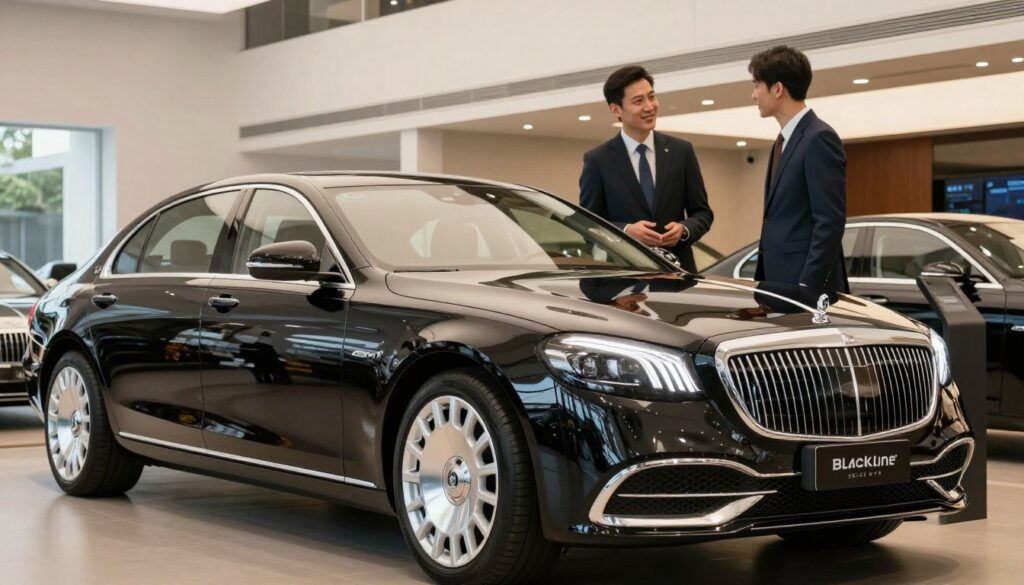 A luxurious, high-end used car showroom featuring a gleaming, elegant luxury vehicle from "Blackline Select Cars" prominently displayed in the foreground. The car is a sleek sedan with polished surfaces and exquisite details, showcasing its impeccable craftsmanship. In the middle ground, a well-dressed salesperson, in a professional suit, is engaging with a potential buyer, who appears interested and smiling, appreciating the vehicle. The background includes tasteful décor with soft lighting highlighting the car's features, creating an inviting, upscale atmosphere. The scene is captured from a low angle, emphasizing the car's allure, with warm, natural lighting, evoking a sense of trust and tranquility associated with buying a high-end used vehicle.