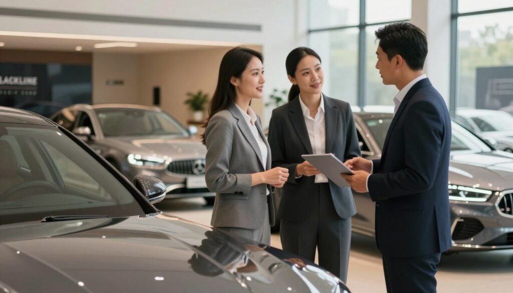 A luxurious, modern pre-owned premium car showroom featuring an elegant display of high-end vehicles from Blackline Select Cars in the foreground. In the middle, a stylish professional couple, dressed in business attire, is discussing financing options with a knowledgeable sales representative, looking engaged and optimistic. The background showcases sleek car models with polished finishes, reflecting soft ambient lighting from the showroom, evoking a warm and inviting atmosphere. A large window allows soft natural light to pour in, enhancing the upscale vibe. Shot with a shallow depth of field, focusing on the couple and representative, hinting at a sophisticated financial transaction without any text or logos obstructing the image.
