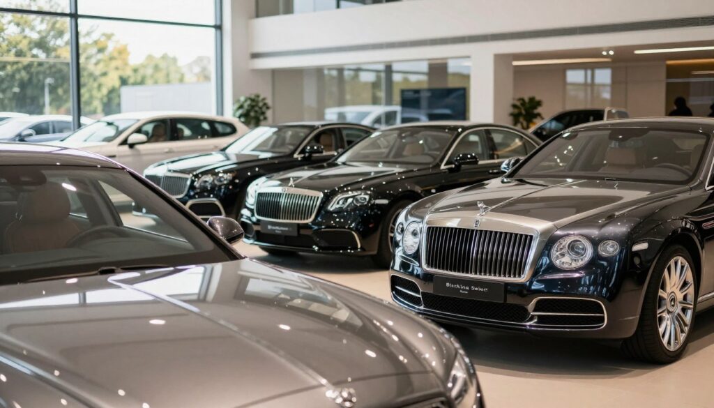 A luxurious second-hand car showroom featuring high-end vehicles from "Blackline Select Cars." In the foreground, a sleek, polished luxury car with a glossy finish catches the light. The middle ground showcases various well-maintained second-hand luxury cars, each highlighting their unique features and designs. The background displays a modern, upscale car dealership with large glass windows reflecting a sunny day, creating a bright and inviting atmosphere. Soft, natural lighting enhances the elegance of the scene, while a slight bokeh effect adds depth. The mood is optimistic and aspirational, appealing to individuals seeking the advantages of purchasing a luxury vehicle without the new car price tag. Focus on showcasing sophistication and savings.