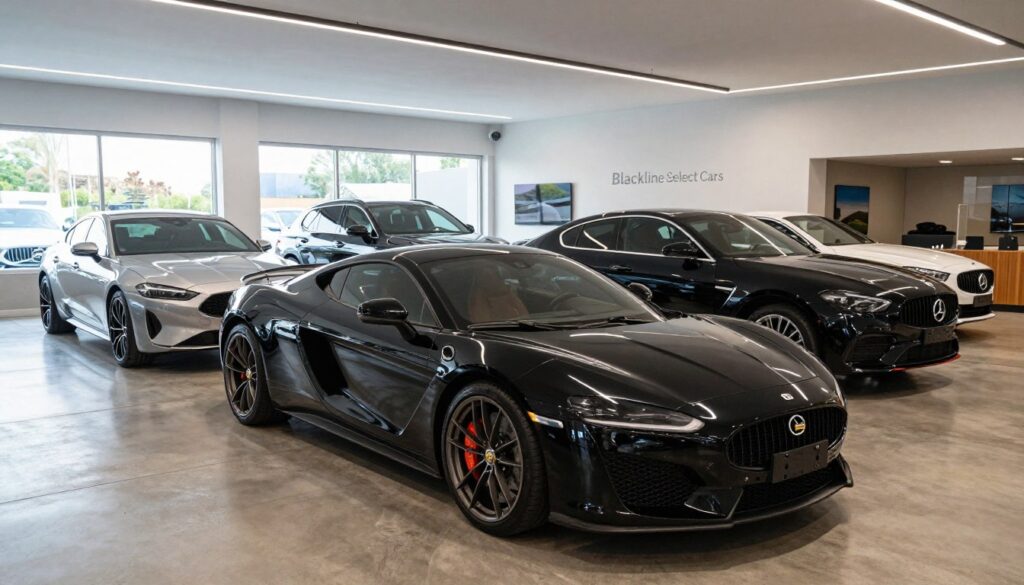 A luxurious, semi-new premium car showroom interior, showcasing a selection of high-end vehicles. In the foreground, a gleaming black sports car sits prominently, reflecting ambient light from stylish overhead fixtures. The middle ground features sleek sedans and SUVs in various colors, all showcasing elegant designs and sophisticated technology. The background reveals a modern, well-lit environment with minimalist decor, large windows allowing natural light to flood in, and polished concrete floors. The atmosphere is inviting yet exclusive, conveying a sense of prestige and quality. A subtle logo of "Blackline Select Cars" is tastefully displayed on a wall. The scene is captured with a wide-angle lens to encompass the entire showroom, emphasizing depth and luxury.