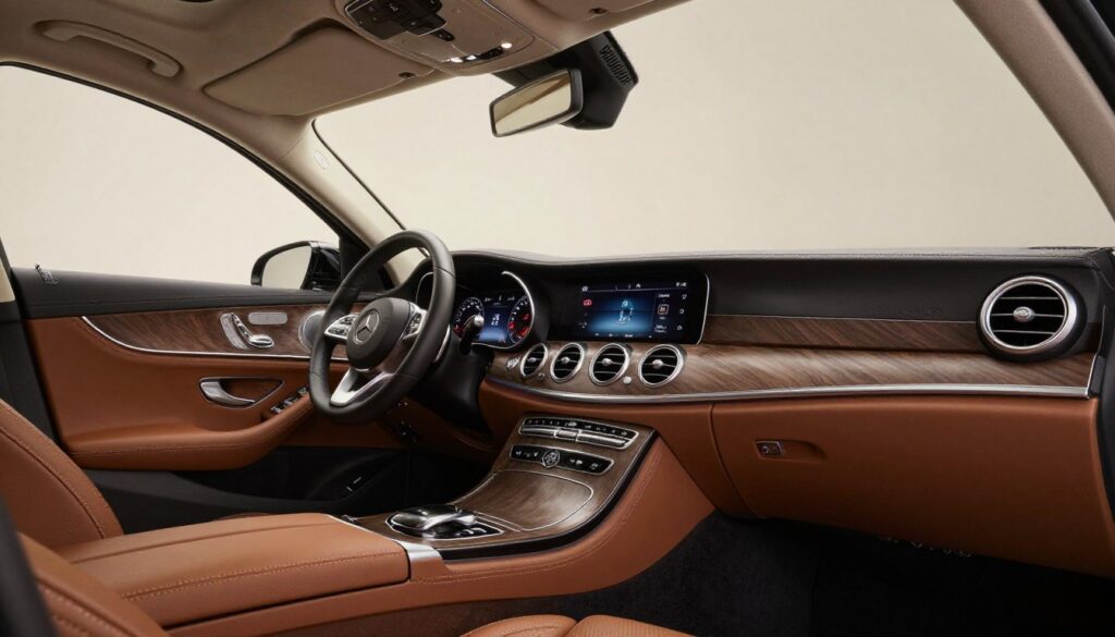 A luxurious used car interior showcasing premium equipment and elegant design. In the foreground, focus on a sleek leather seat with intricate stitching, complemented by high-tech controls and a stylish dashboard. In the middle, display a sophisticated infotainment system with a large touchscreen, surrounded by wood and chrome accents. The background features a panoramic sunroof, allowing natural light to filter in, enhancing the ambiance. The overall lighting is warm and inviting, creating a sense of comfort and luxury. Capture the image from a slight angle to emphasize depth and detail, using a professional photography lens for a sharp focus. Include the brand name "Blackline Select Cars" subtly integrated into the scene, evoking exclusivity and high-end quality.