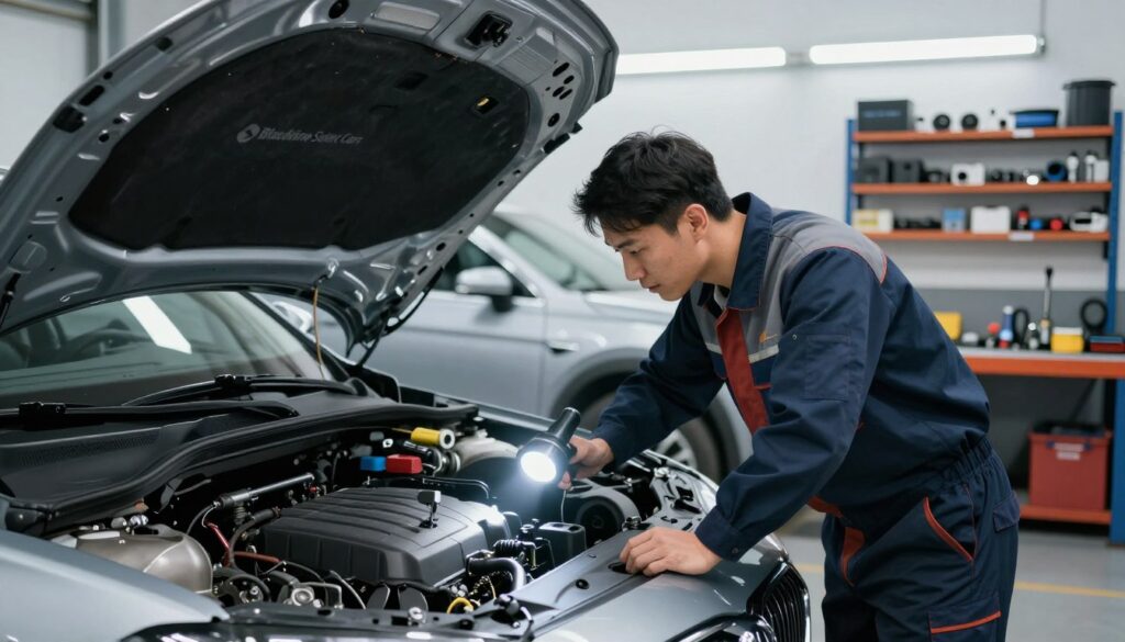 A mechanic conducting a thorough inspection of a car in a well-lit garage setting. In the foreground, the mechanic, dressed in a professional uniform, is examining the vehicle's engine, using a flashlight to highlight specific components. In the middle ground, the car is a sleek, modern model, with the logo "Blackline Select Cars" visible on its side. Surrounding the car, tools and equipment are neatly arranged, conveying an organized workspace. The background features shelves stocked with spare parts and tools, illuminated by bright overhead lights that create a clean, professional atmosphere. The mood is focused and diligent, emphasizing the importance of a meticulous mechanical and exterior inspection.