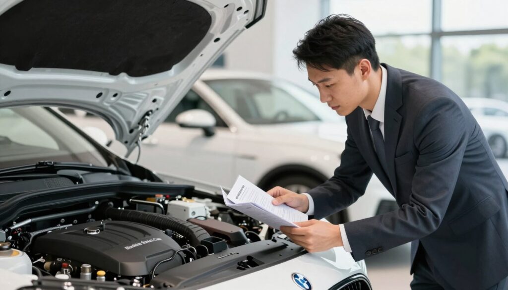 A meticulous car maintenance inspection scene featuring a premium second-hand vehicle, styled as an elegant luxury car, prominently branded with "Blackline Select Cars." In the foreground, a professional, dressed in smart business attire, is carefully reviewing the car's maintenance history booklet and examining the vehicle’s engine and tires. The middle-ground showcases the gleaming car under soft, diffused natural lighting, emphasizing its pristine condition. In the background, a sleek, modern showroom is subtly blurred, suggesting a high-end environment. The mood conveys trust and diligence, inviting the viewer to appreciate the importance of thorough checks before purchasing a luxury pre-owned car. The angle captures both the vehicle and the attentive professional, creating a sense of focus and importance in the car buying process.