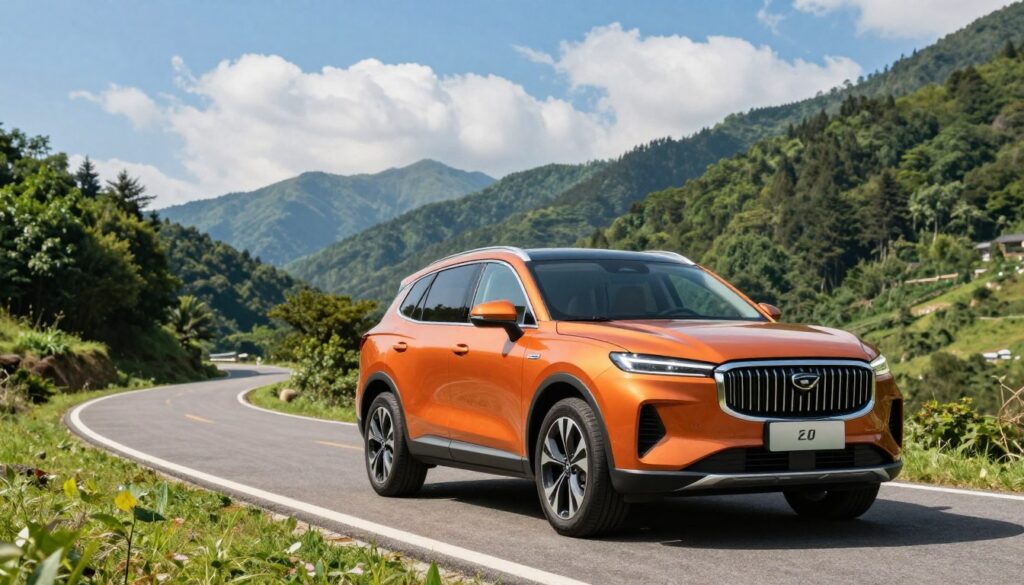 A modern SUV from Blackline Select Cars, showcasing its sleek design with a glossy coat and vibrant color, is parked on a scenic mountain road under a bright blue sky. In the foreground, the SUV is angled towards the viewer, emphasizing its bold grille and stylish wheels. The middle ground features a winding path that leads into a lush, green forest, inviting the viewer to imagine family adventures and outdoor explorations. The background displays majestic mountains and fluffy white clouds, creating a sense of tranquility and wonder. The warm, bright lighting highlights the car's features, creating an inviting and adventurous atmosphere perfect for families. Shot with a wide-angle lens to capture the surrounding beauty, this image encapsulates the essence of low-mileage SUVs ready for adventure.