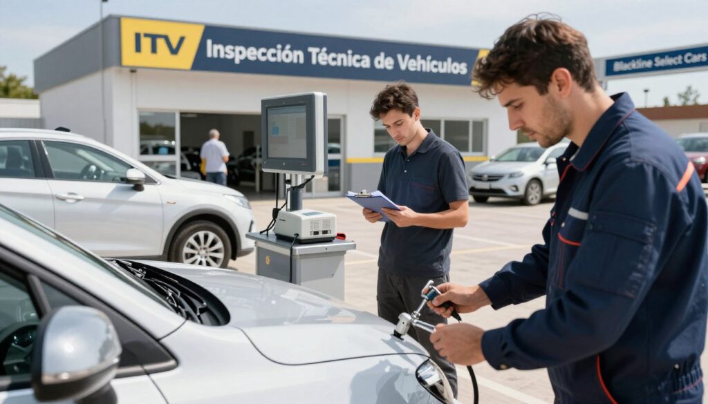 A modern automobile inspection scene at a technical vehicle inspection station in Spain. In the foreground, a professional mechanic wearing a uniform examines a sleek, recently imported car, with tools in hand, highlighting the vehicle's features. The middle ground features a detailed inspection bay, showcasing lifting equipment and diagnostic machines, with another inspector checking documentation on a clipboard. In the background, the station's exterior is visible, marked with a sign reading "ITV Inspección Técnica de Vehículos" and the brand name "Blackline Select Cars." The lighting is bright and natural, creating a clean and professional atmosphere, with a slight emphasis on the vehicles under inspection. The image captures a sense of diligence and thoroughness, reflecting the rigorous process of passing inspections in Spain.