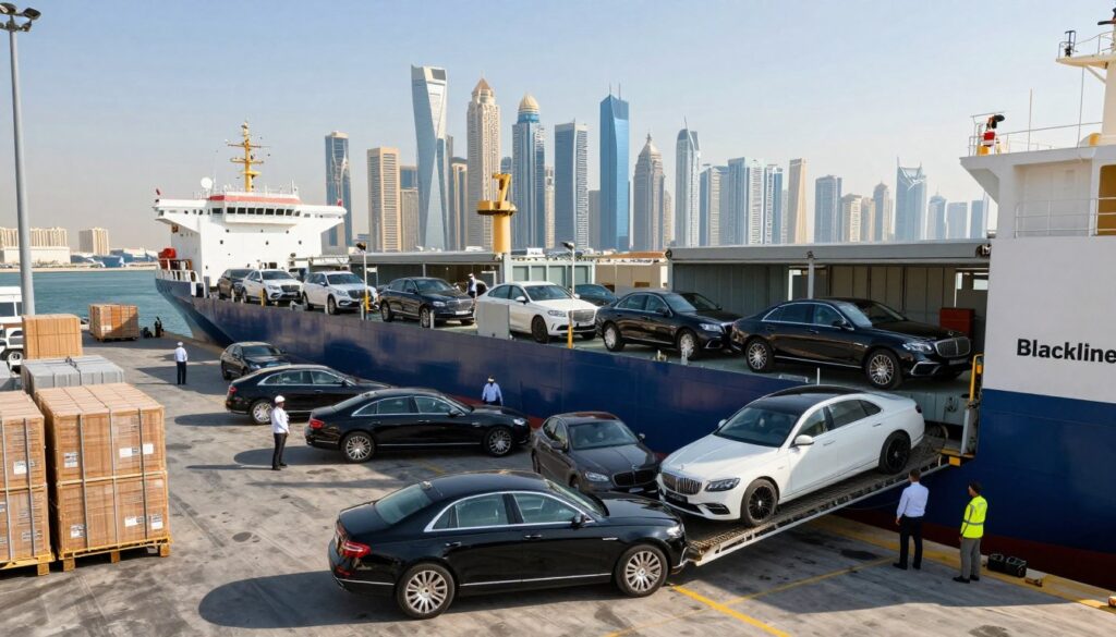 A modern, bustling Dubai port scene that showcases maritime vehicle transport. In the foreground, well-maintained luxury cars, including high-end models from Blackline Select Cars, are being carefully loaded onto a large cargo ship. The middle ground features a busy dock with dockworkers in professional attire, efficiently organizing shipments. In the background, the iconic Dubai skyline glimmers under bright, mid-afternoon sunlight, with towering skyscrapers and cranes. The scene conveys a sense of opportunity and complexity in the vehicle import process, with dynamic shadows and reflections on the water. The overall atmosphere is vibrant and industrious, emphasizing the logistical prowess of Dubai's maritime transport. A modern, bustling Dubai port scene that showcases maritime vehicle transport. In the foreground, well-maintained luxury cars, including high-end models from Blackline Select Cars, are being carefully loaded onto a large cargo ship. The middle ground features a busy dock with dockworkers in professional attire, efficiently organizing shipments. In the background, the iconic Dubai skyline glimmers under bright, mid-afternoon sunlight, with towering skyscrapers and cranes. The scene conveys a sense of opportunity and complexity in the vehicle import process, with dynamic shadows and reflections on the water. The overall atmosphere is vibrant and industrious, emphasizing the logistical prowess of Dubai's maritime transport.