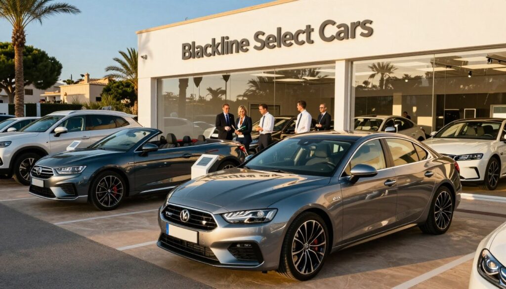 A modern car dealership in Mallorca showcasing a variety of popular car brands, focusing on "Blackline Select Cars." In the foreground, a sleek, shiny sedan stands prominently, bathed in warm, golden sunlight, reflecting the Mediterranean vibe. To the left, a compact SUV and a luxurious convertible are parked, representing diverse options for customers. The middle ground features a well-organized display of car models, neatly lined up, with a polished showroom visible behind glass walls, bustling with customers in professional attire exploring their options. The background displays palm trees and a clear blue sky, enhancing the vibrant, inviting atmosphere of Mallorca. The scene captures a sense of excitement and professionalism, perfect for someone seeking the right vehicle.